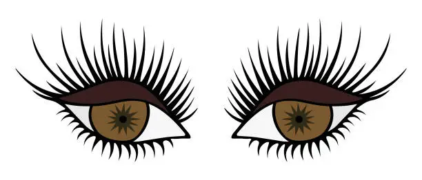 Vector illustration of A close female gaze of brown green eyes. Eye shadow on half-closed eyelids.  Seductive fox look