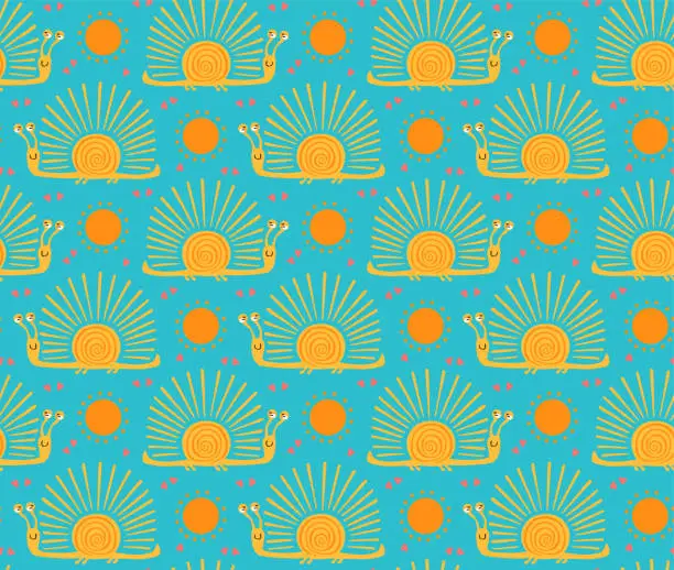Vector illustration of sweet funny sunny sunburst, radiating positive vibes cute sea urchin animals, cartoon snails and shining sun seamless pattern, in bright blue teal and yellow orange color palette, vector illustration graphic print