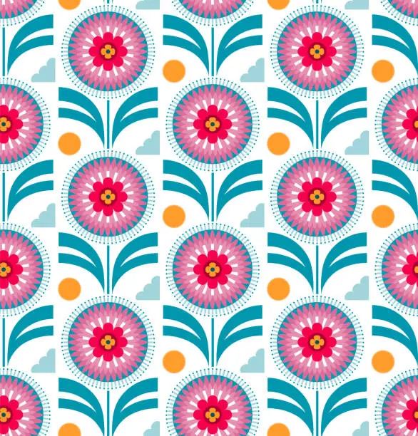 Vector illustration of Mid-century modern retro style colorful flower and sun cloud seamless pattern,  vintage floral mid mod repeat design in pink yellow teal color palette, vector illustration graphic print design