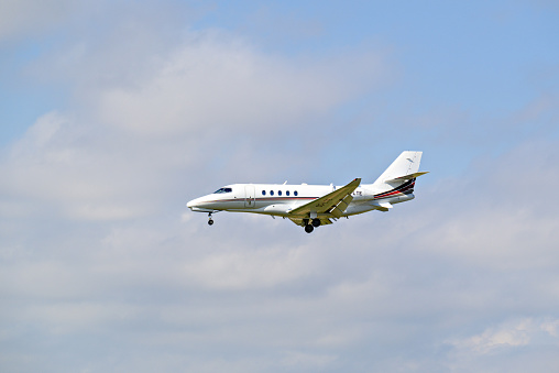 Private Cessna 680A Citation plane landing at Josep Tarradellas airport in El Prat, Barcelona, Spain