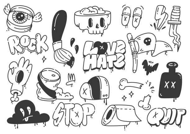 ilustrações de stock, clip art, desenhos animados e ícones de set of hand drawn graffiti doodle vector illustration - pop art skull backgrounds pattern