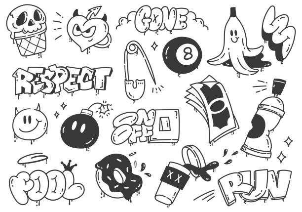 ilustrações de stock, clip art, desenhos animados e ícones de set of hand drawn graffiti doodle vector illustration - pop art skull backgrounds pattern