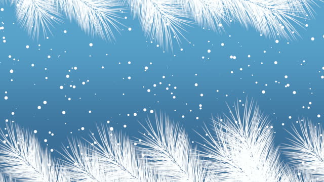 Christmas trees with flying snow in blue sky