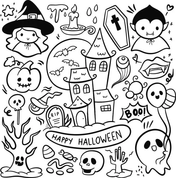 Vector illustration of Set of Cartoon Halloween Party Doodle Line Art. Vector Illustration