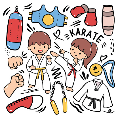 Hand Drawn Cartoon Karate Doodle Vector Illustration