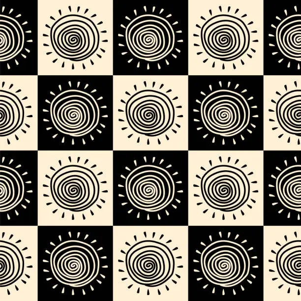 Vector illustration of tribal style sun sunburst shapes over checkerboard checkered black and cream background seamless pattern