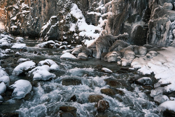 Frozen river in winter mountain gorge
