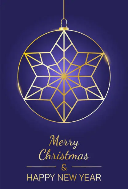 Vector illustration of Vector illustration of golden Christmas ball on blue background with Christmas decoration and lettering Merry Christmas and Happy new year for template, cover, greeting card, poster, flier.