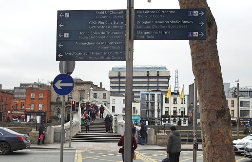 25th November 2023, Dublin, Ireland. Tourist attraction signage in front of The Ha'penny  Bridge in Dublin city centre.