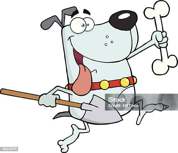 Gray Running Dog With A Bone And Shovel Stock Illustration - Download Image Now - Animal, Cartoon, Characters