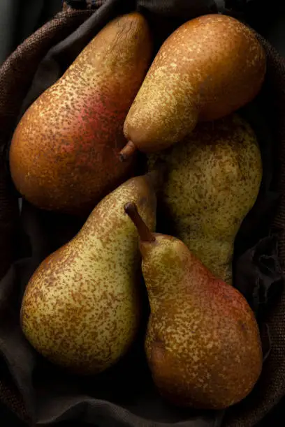 Photo of Close up of autumn pears, raw healthy dessert, agricultural production