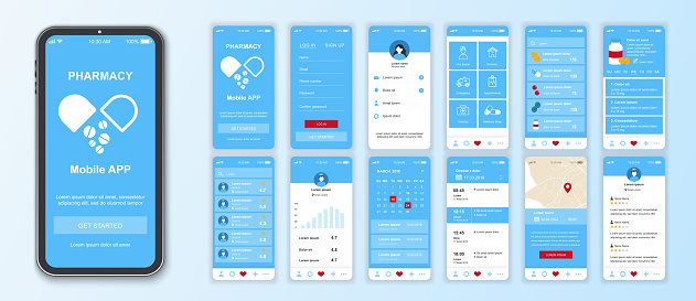 Pharmacy mobile app interface screens template set. Online account, find doctor, emergency, appointments, medicine shop ordering. Pack of UI, UX, GUI kit for application web layout. Vector design.
