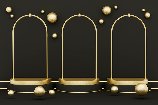 3D graphic with a tripple podium for product placement with golden balls and decoration on a warm dark gray background. Elegant, subtle, value.