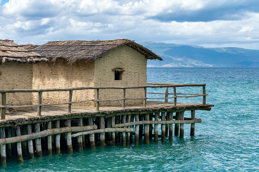 Bregenz, Austria - June 18, 2023: Stilt house on the shore of Lake Constance (Bodensee) in Bregenz, public swimming bath. Mili, an old seaside resort on Lake Constance