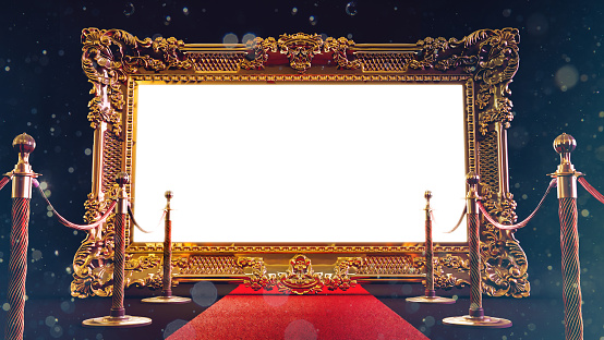 3D render of red carpet with barriers leading to a golden frame, vip concept