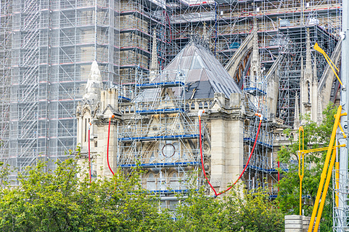 Close up on the reconstruction and renovation works of Notre-Dame de Paris on the south facade