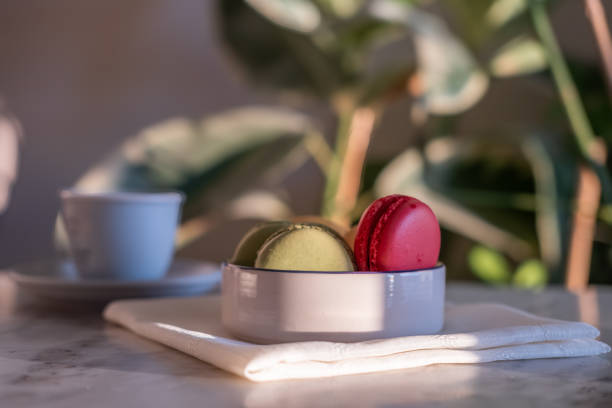 istock Colorful macarons on a white plate with filter coffee 1816832445