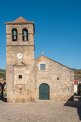 Portuguese Church and bell tower from the 17th century at Freixo do Numao. Council of Vila Nova de Foz Coa. Portugal. Douro Region.