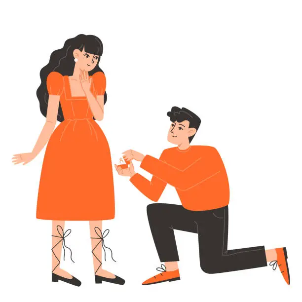 Vector illustration of A man gets down on one knee and proposes to a woman