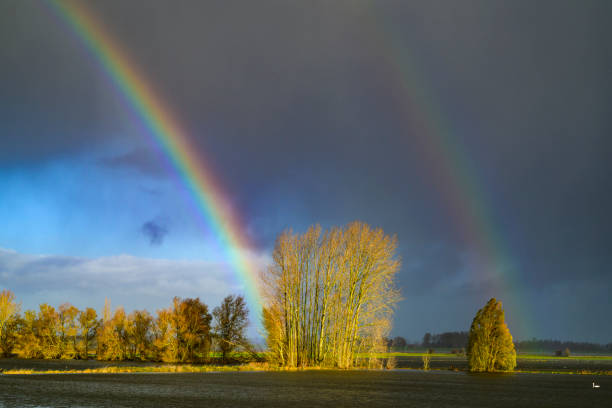 beautiful double rainbow after the storm seen from a car during a journey across the plains