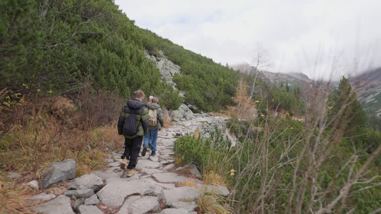 Teenagers hiking in High Tatra Mountains, Slovakia on an autumn day