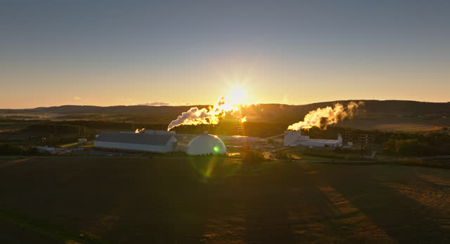 Rightward Flying Aerial of Drywall Manufacturer in Montour County, Pennsylvania at Sunrise