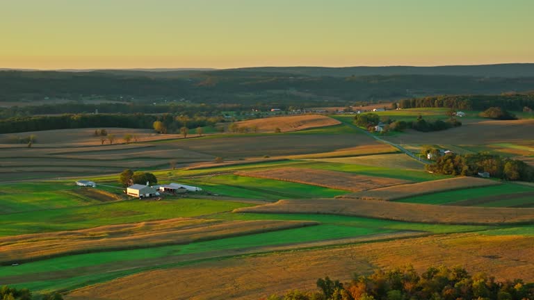 Drone Shot of Farmland in Montour County, Pennsylvania at Sunset in Fall