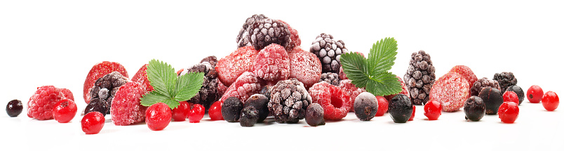 Various Frozen Berries Panorama on white Background