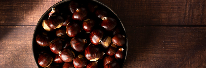Close up view of chestnuts, agricultural harvest concept. Healthy, seasonal food