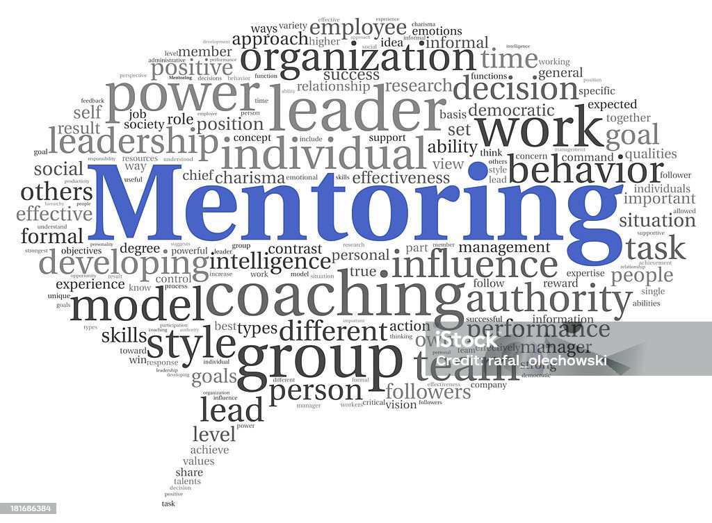 Word cloud with black and gray words with big blue mentoring Mentoring and teamwork concept in word tag cloud on white Word Cloud Stock Photo