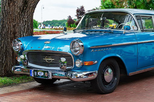 Opel Kapitan (Opel Capitan, Captain) P1 (1958-1959) in beautiful blue color is parked in Palic, Serbia 02.07.2023 -26th  Oldtimer Club Meeting in Palic.