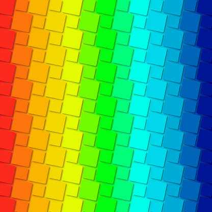 Colorful abstract background of square tiles in a gradient of rainbow colors transitioning smoothly.