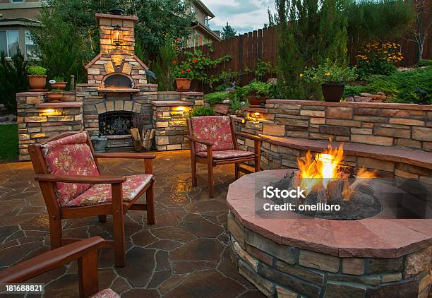 Amazing Backyard With Pizza Oven And Fire Pit Stock Photo - Download Image Now - Fire Pit, Patio, Outdoors