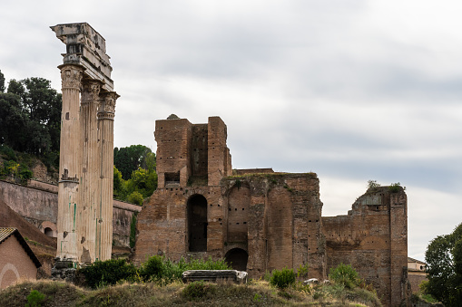 Ancient ruins in the Roman Forum in Rome