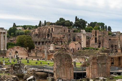 Ancient ruins on the Palatine Hill seen from the Roman Forum in Rome