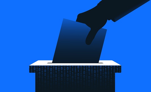 Hand putting ballot paper in a box with binary code. Digital voting, regulation of tech sphere concept. Vector illustration.