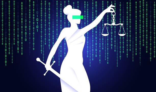 Ai Themis on a binary code background vector illustration Ai Themis on a binary code background. Artificial intelligence regulation, law and technology sphere concept. Vector illustration. code enforcement stock illustrations