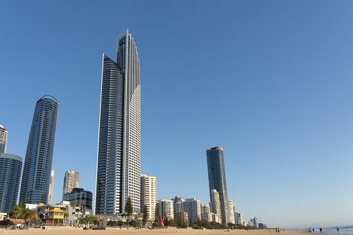Surfers Paradise Australia - September 23 2023; Surfers Paradise beach and  high-rise skyline with buildings projecting skyward.