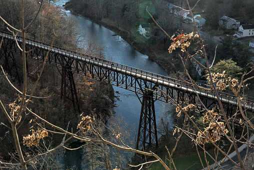 view of rosendale trestle from Joppenbergh Mountain hike trail viewpoint (hiking trail with view of rail bridge converted to wallkill valley rail trail pedestrian, bike path) hudson, new paltz, nature