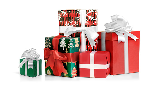 Ten lovely gift boxes isolated on white.  What could be inside?  Nobody knows.  Maybe they're Christmas presents, Chanuka gifts, birthday presents or even a special gift for your customers.  Colorful and happy gift fun time!