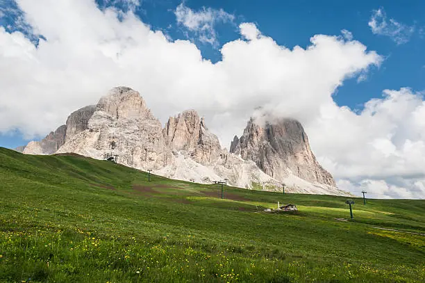 Wideangle shot of Sasslong mount, in the Dolomites; its five fingers are visible (little finger, ring finger, middlefinger, forefinger and the thumb). This shot was taken in Gardena Valley a narrow and amazing area of Trentino-Alto Adige region (North-Eastern Italy), during Summertime, near Sella Mountain Pass.