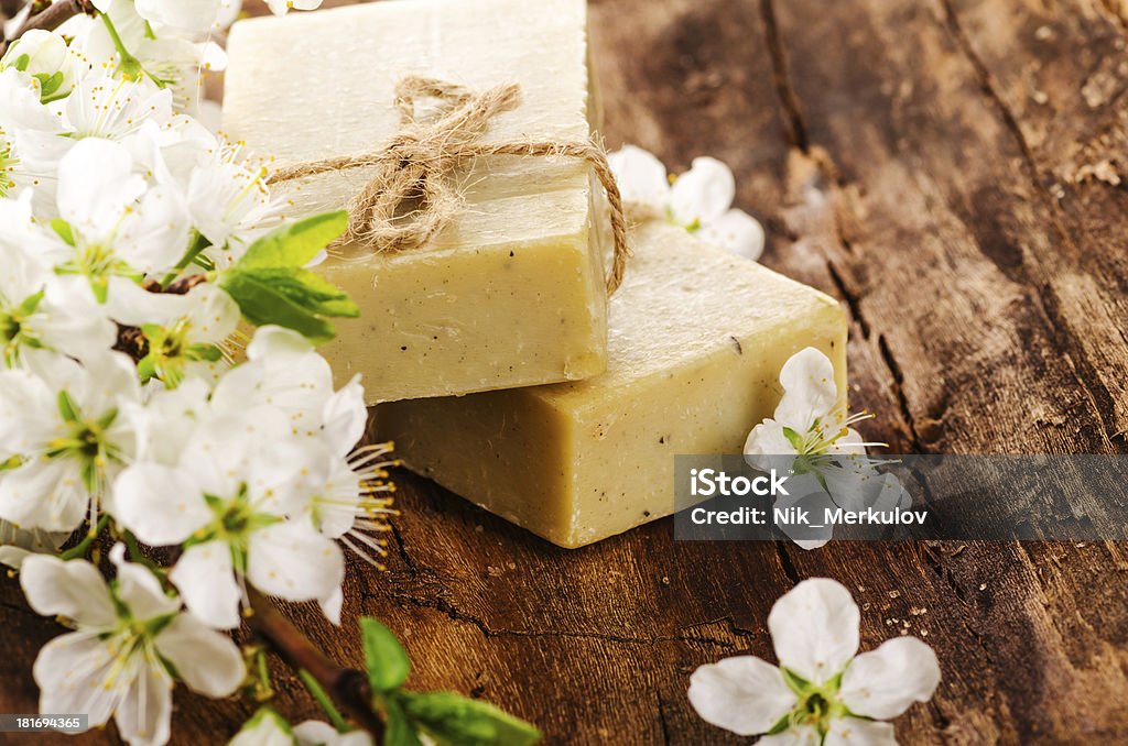 Spa Spa still life with handmade soap and spring flowers Aromatherapy Stock Photo