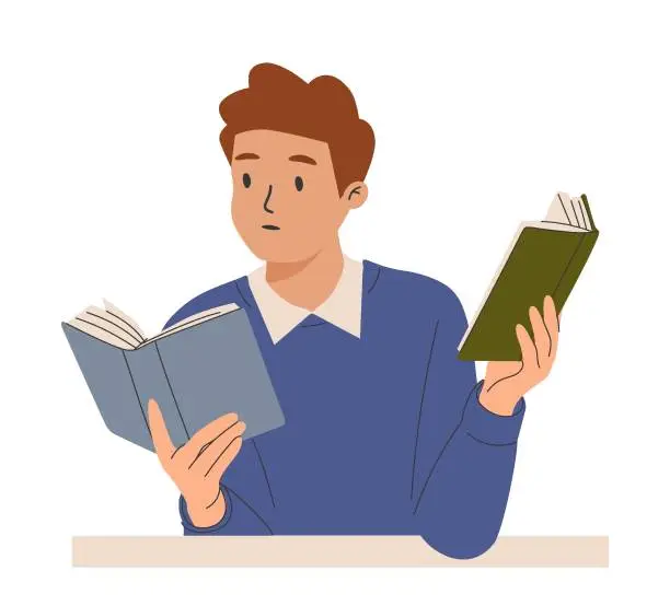 Vector illustration of Young man holding open paper book in hands at leisure time. Person reading. Literature, abstract novel reader.