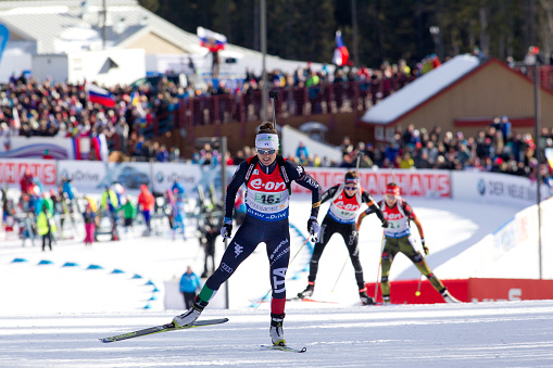 Karin Oberhofer (ITA) competes in the Biathlon World Cup Single Mixed Relay on February 7, 2016 at the Canmore Nordic Centre Provincial Park in Alberta, Canada. (John Gibson Photo/Gibson Pictures)
