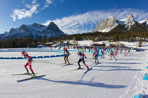 The start of the Biathlon World Cup Single Mixed Relay on February 7, 2016 at the Canmore Nordic Centre Provincial Park in Alberta, Canada. (John Gibson Photo/Gibson Pictures)