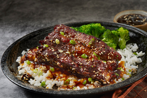 Close-up photo of beef rice bento