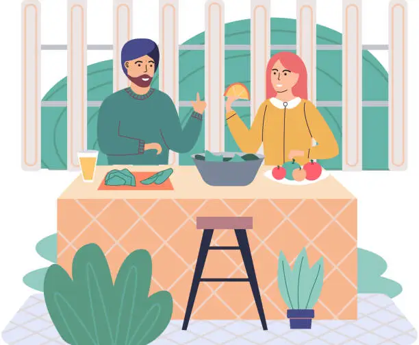 Vector illustration of People cooking vegetarian food. Vector illustration. Indian man and woman in the kitchen