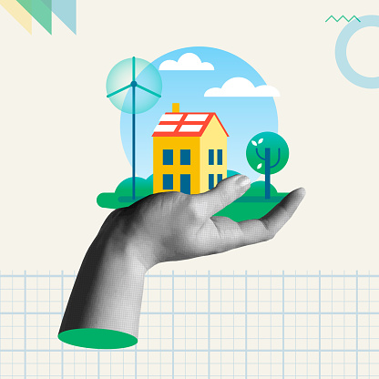 Clean and renewable energy vector card illustration. Human hand holding a solar panel and wind powered in natural landscape in trendy halftone retro collage 90s style and flat art elements. Concept of environment; sustainability and eco friendly.