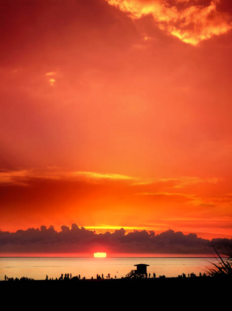 Beautiful panoramic view of the sandy beach during a dramatic cloudy sunset. Taken in Varadero, Cuba.