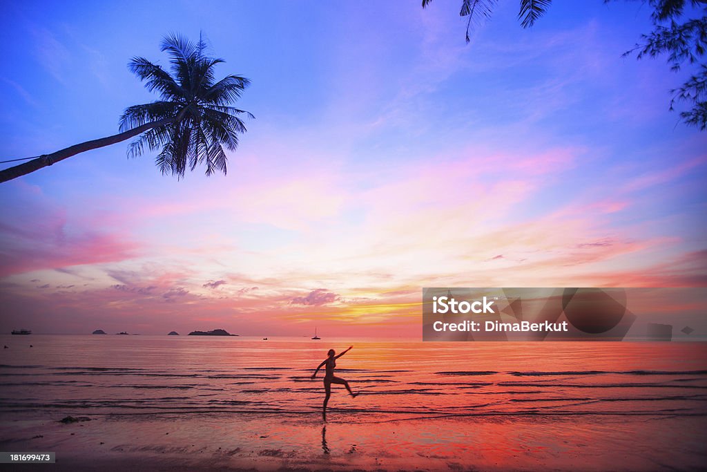 Bellissimo tramonto con silhouette di una ragazza su una spiaggia - Foto stock royalty-free di Adulto